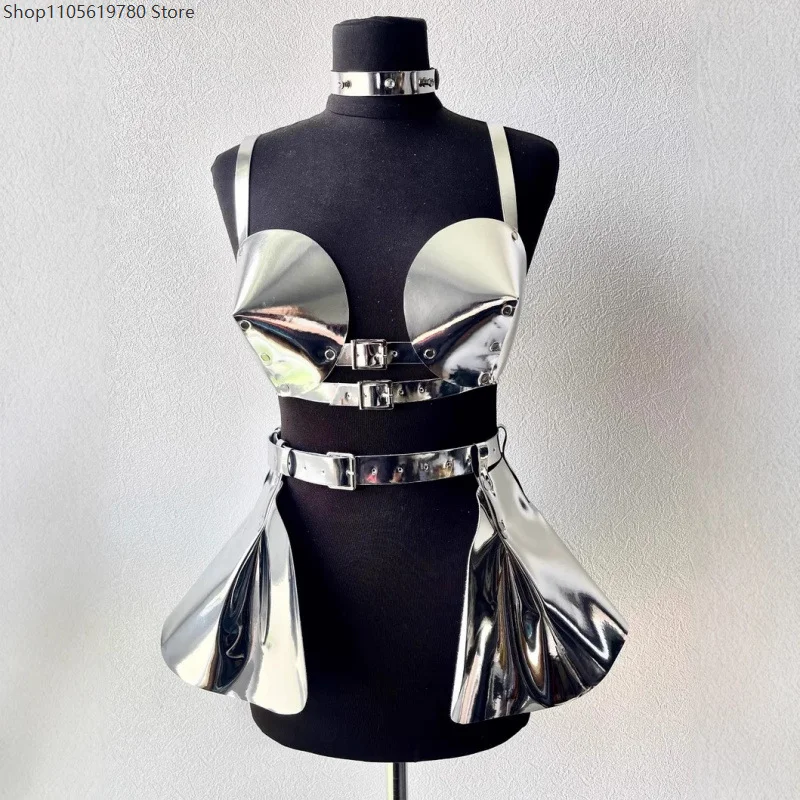 Silver Red Metallic Body Harness Ensemble Choker Collar Shoulder Bra Harness Flounce Skirt Waist Belt Adult Cosplay Accessory