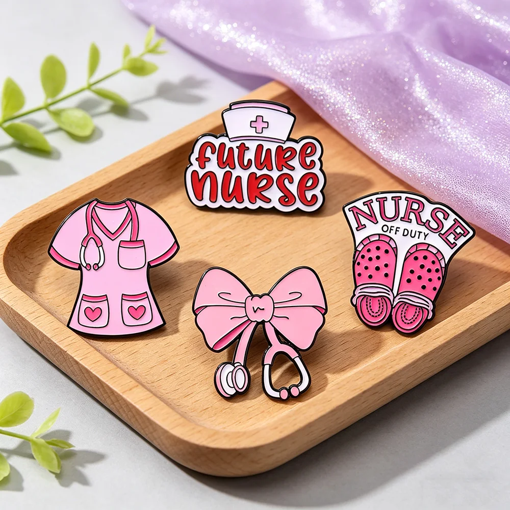 4pcs Pink Nurse Lapel Pins Set - Metal Badges Jewelry Gift with Stethoscope Bow Tie Hat Slippers Medical Theme Cartoon Design