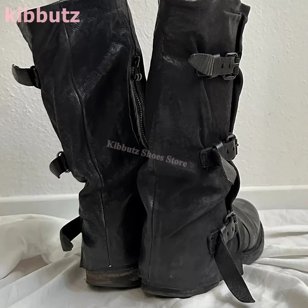 Vintage Knee High Boots Belt Buckle Round Toe Flat with Turned-Over Edge Novelty Leather Solid Color Fashion Elegant Sexy Shoes