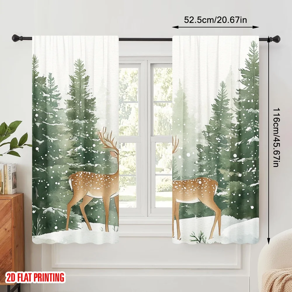 2pcs,2D plane printing Curtains&Window Treatment Deer Snow Pine Forest (2) Versatile Polyester (without rod) Home Decor for