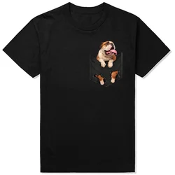 Buldog angielski wewnątrz kieszonkowa koszulka dla miłośników psów czarna bawełniana styl miejski z grafiką z krótkim rękawem prezenty urodzinowe T-Shirt mężczyzn