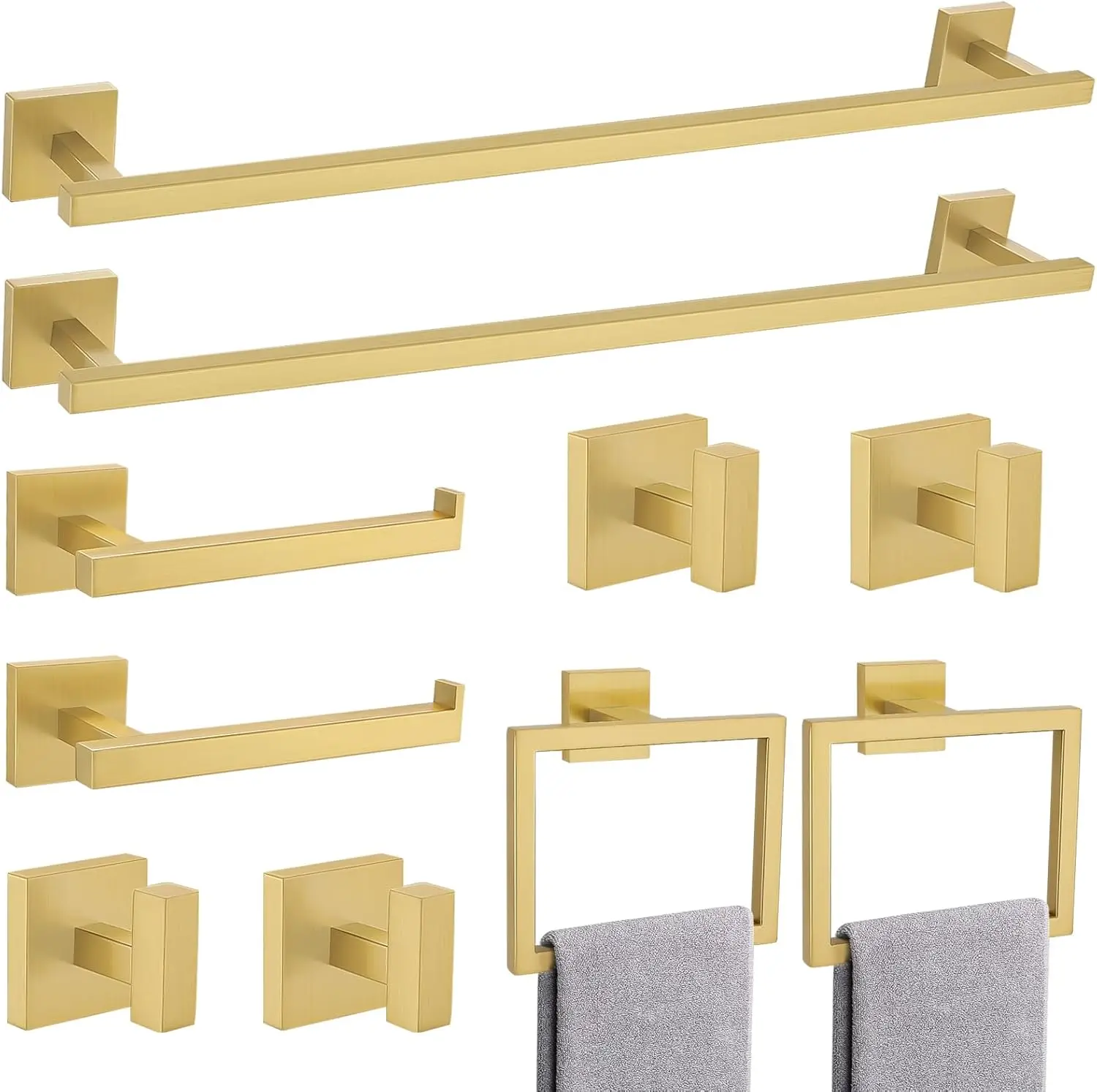 

10-Piece Brushed Gold Bathroom Hardware Set, SUS304 Stainless Steel, 23.6" Towel Bar, Towel Ring, Toilet Paper Holder, Hooks
