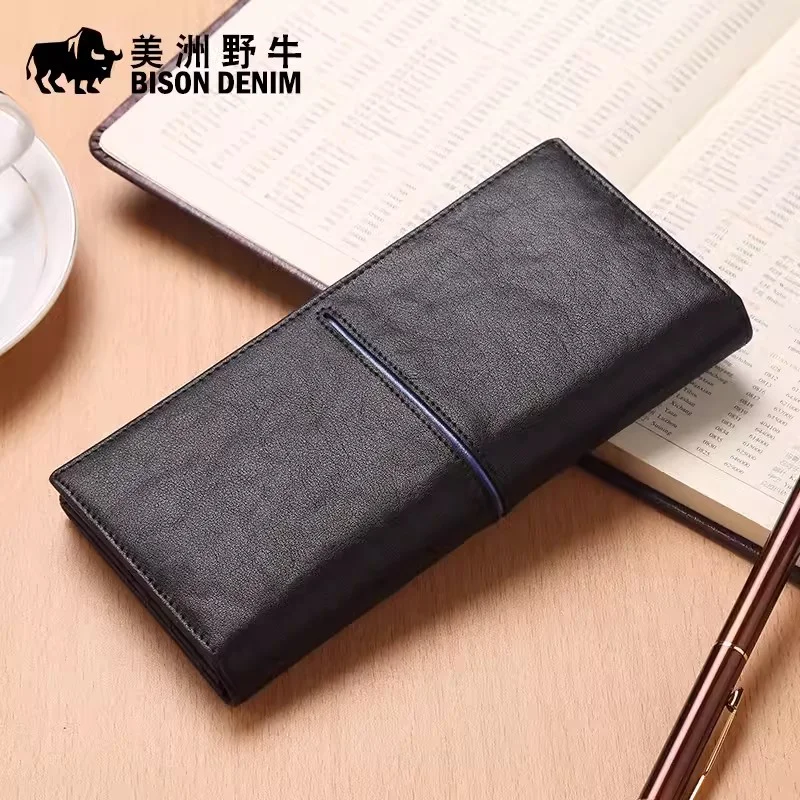 BISON DENIM Cowskin Leather Men Wallets Multi-Functional Cowhide Coin Purse Slim Genuine Leather Wallet Men Card Holders N4437