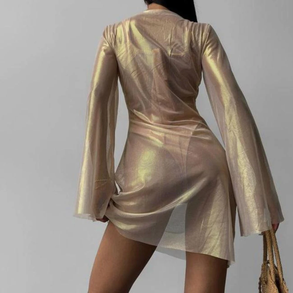 New Mesh Stamping Fashion See-through Micro Flare Long Sleeve Women's Sexy Dresses Sehe Fashion