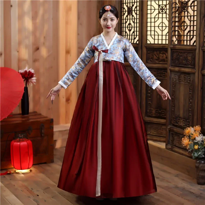 

Традиционная корейская одежда для женщин, новинка 2023, платье Hanbok, старинный костюм, ретро-костюм для двора, корейское сценическое танцевальное платье для свадьбы