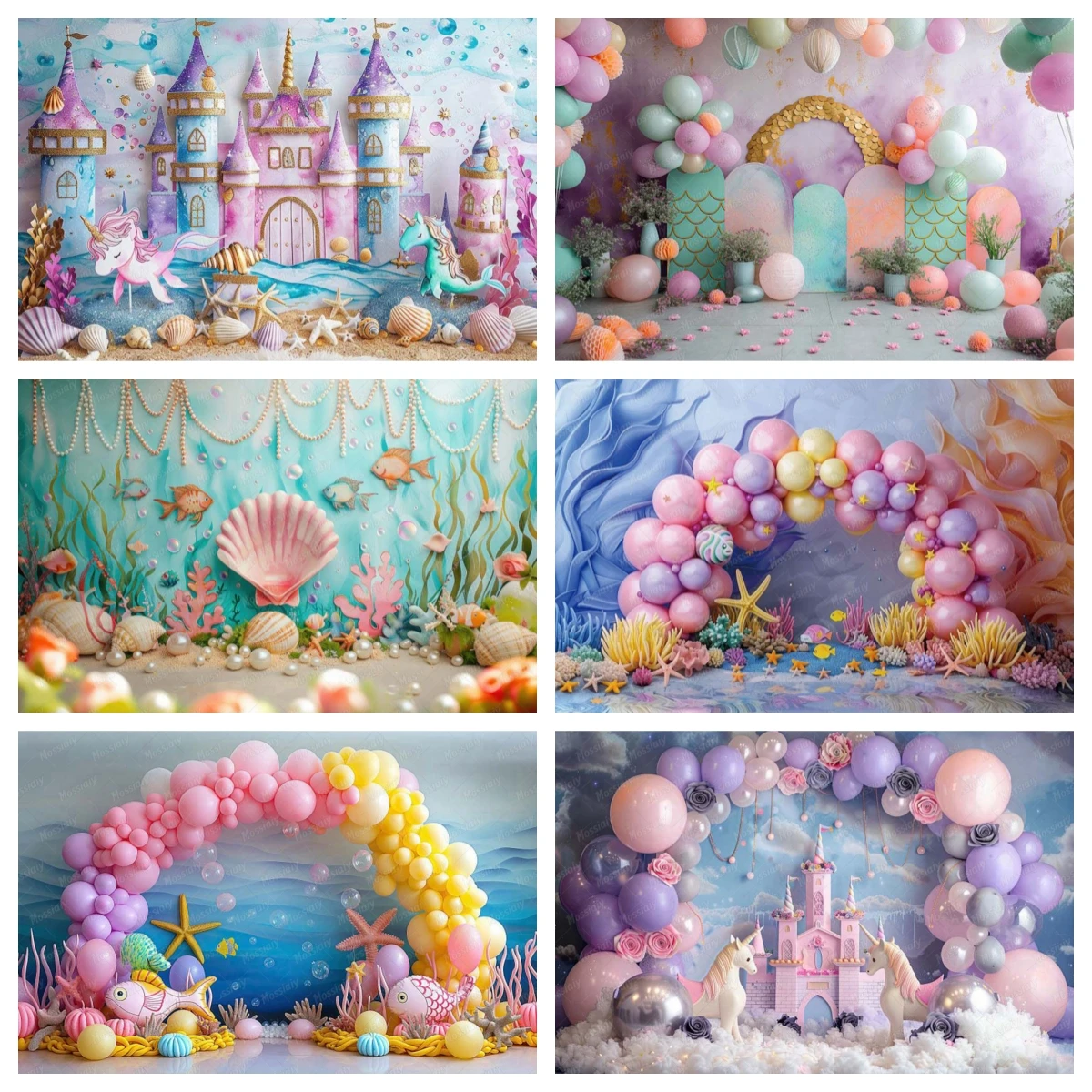 Meerjungfrauen-Thema Unterwasserwelt-Hintergrund Muschelschloss-Luftballons Mädchen Prinzessin Geburtstag Neugeborenen-Babyparty Fotografie-Hintergrund