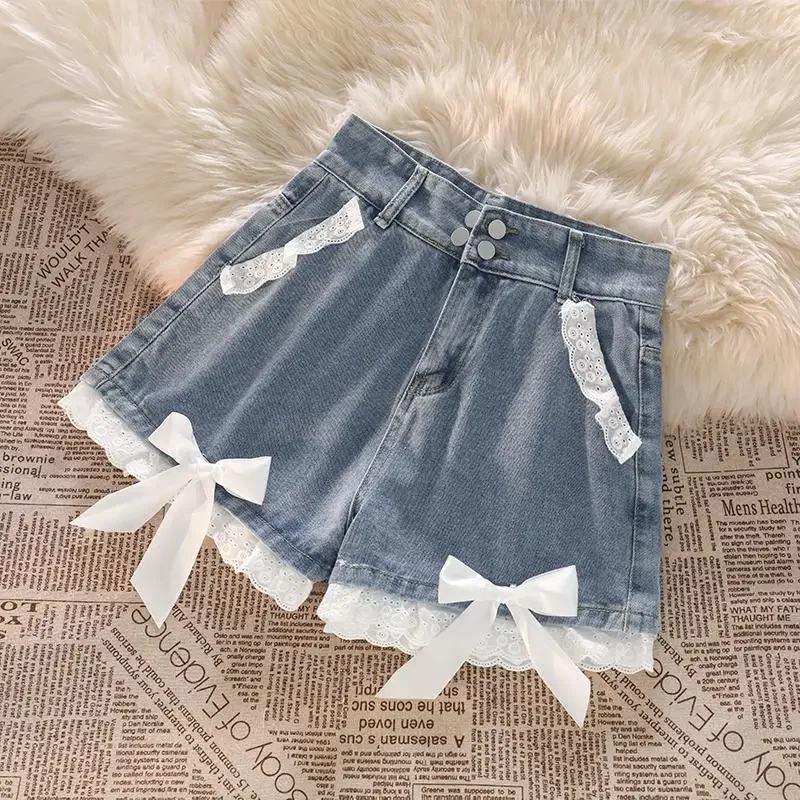 Japanese Preppy Style Bow Lace Patchwork Y2k Shorts Women Summer Straight Hotsweet High Waist Denim Short Pants Ruched