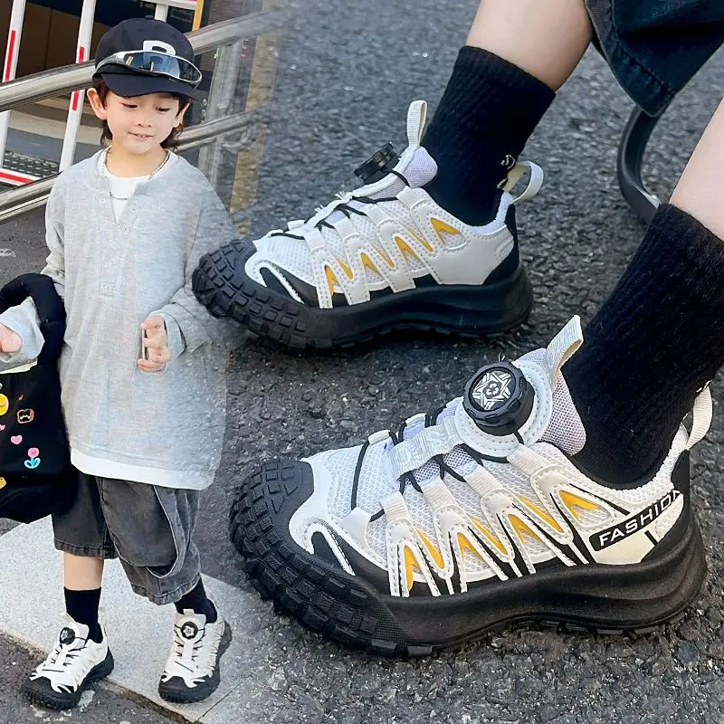 Kids Unisex Sneakers 2026 Spring Autumn Anti Slip Lightweight Casual Shoes Rotating Buckle Running Shoes Chunky Retro Style