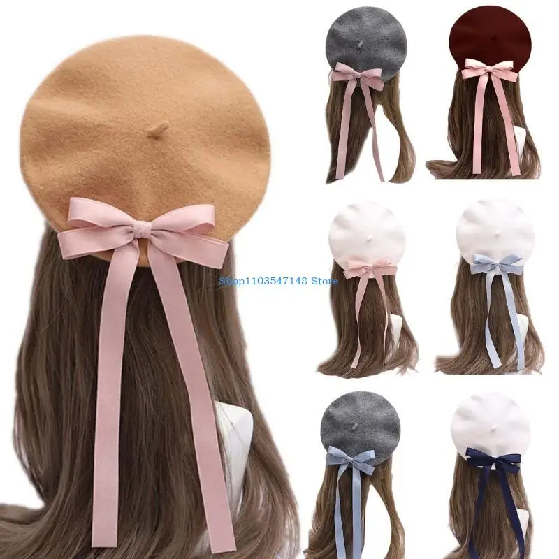 

P88B Ribbon Bowknot for Woman Winter Autumn French Hat for Camping Shopping