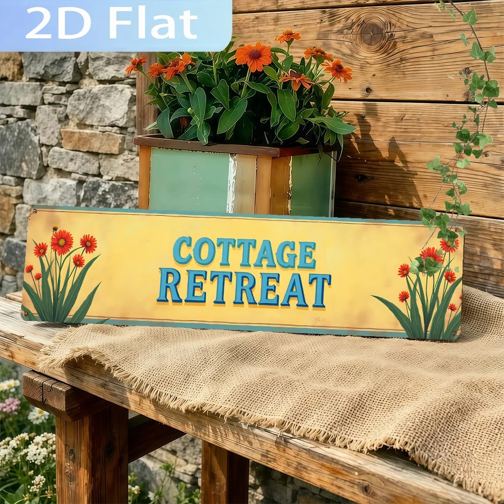 Eine flache 2D-Dekoration mit der Aufschrift „Cottage Retreat with Flowers“, die rustikale Bauernhaus-Wandkunst mit einem abgenutzten Finish präsentiert.