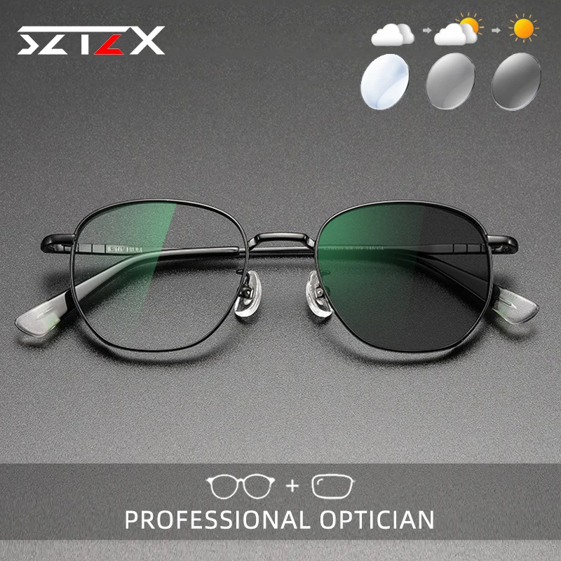 

SZTZX Vintage Pure Titanium Round Photochromic Reading Glasses Anti Blue Light Myopia Glasses Progressive Prescription Eyewear