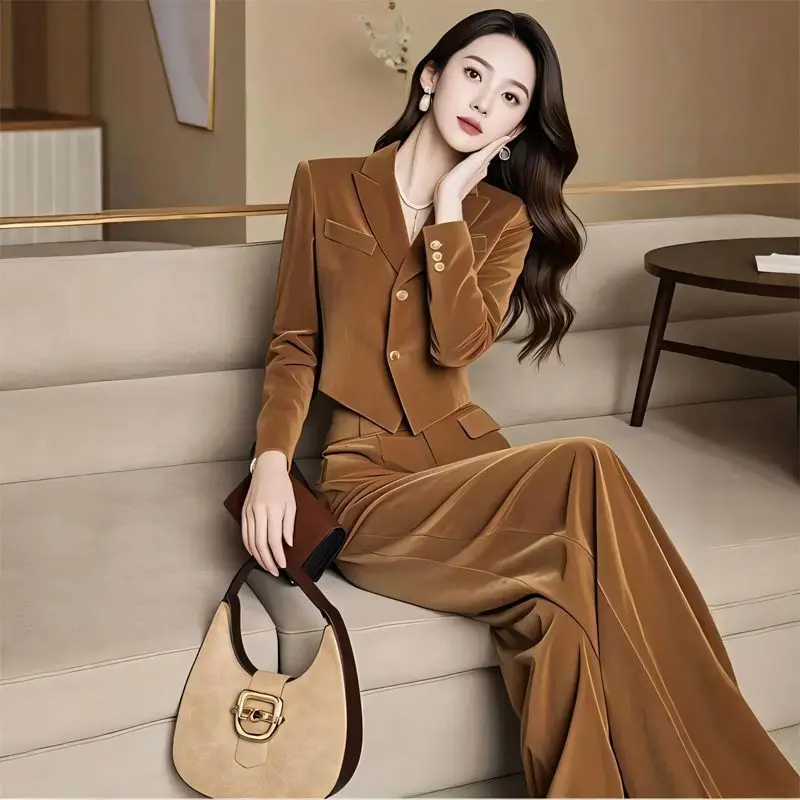 Setelan Jas Pendek Fashion Korea Musim Gugur Berkualitas Tinggi dengan Celana Kaki Lebar Pinggang Tinggi Warna Solid untuk Wanita