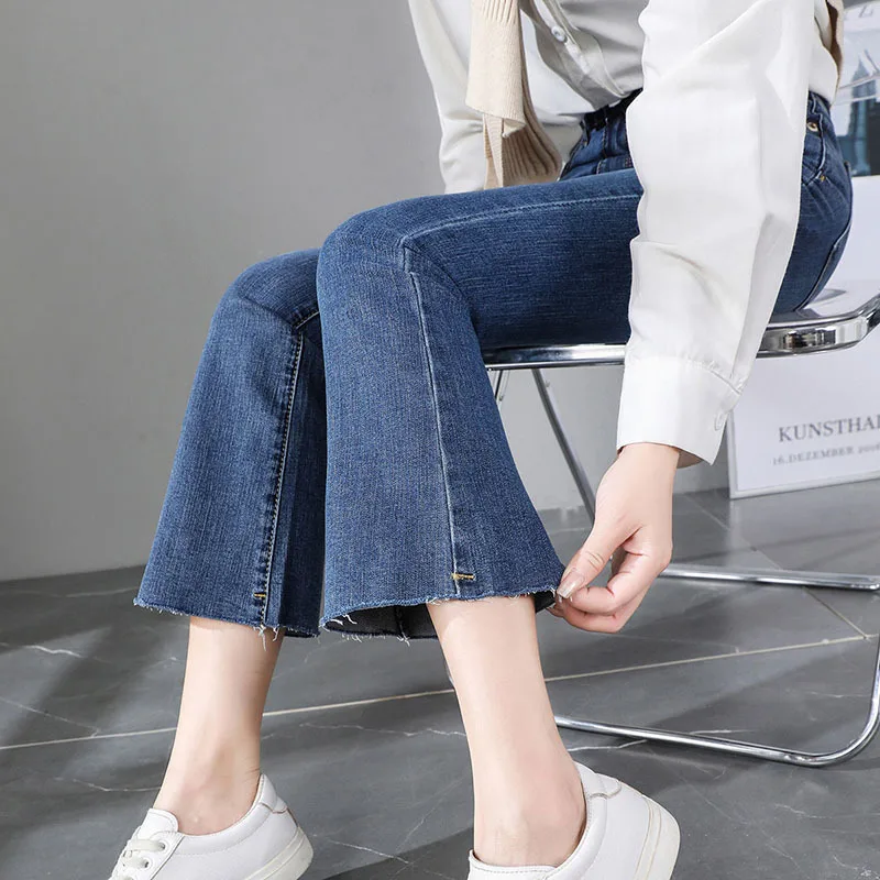 Micro flared blue jeans for women 2023 Spring high waist Korean fashion loose elastic straight denim pants high waisted jeans