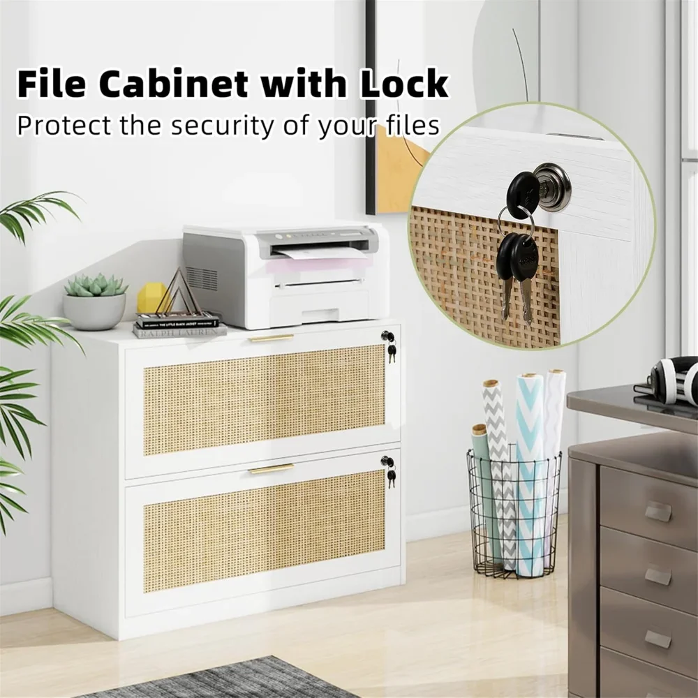 "2-Drawer File Cabinet w/ Lock - Wood Rattan Lateral Filing Cabinet & Printer Stand for Home Office & School"