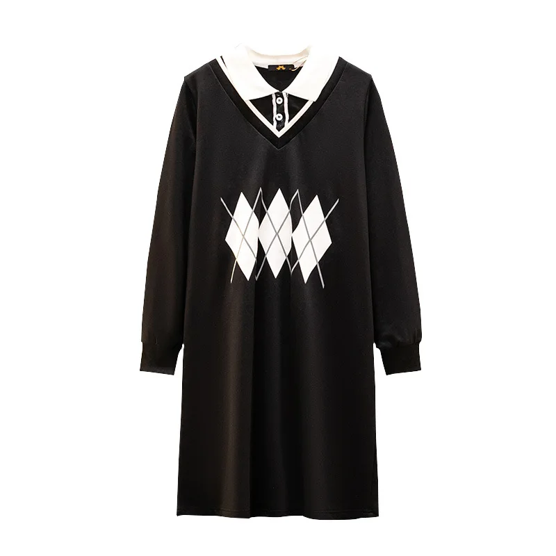 Spring New Large Size Women\'s Loose Dress Bust 153 Long Sleeve Fake Two-Piece Sweater Dress Black 5XL 6XL 7XL 8XL 9XL 150Kg