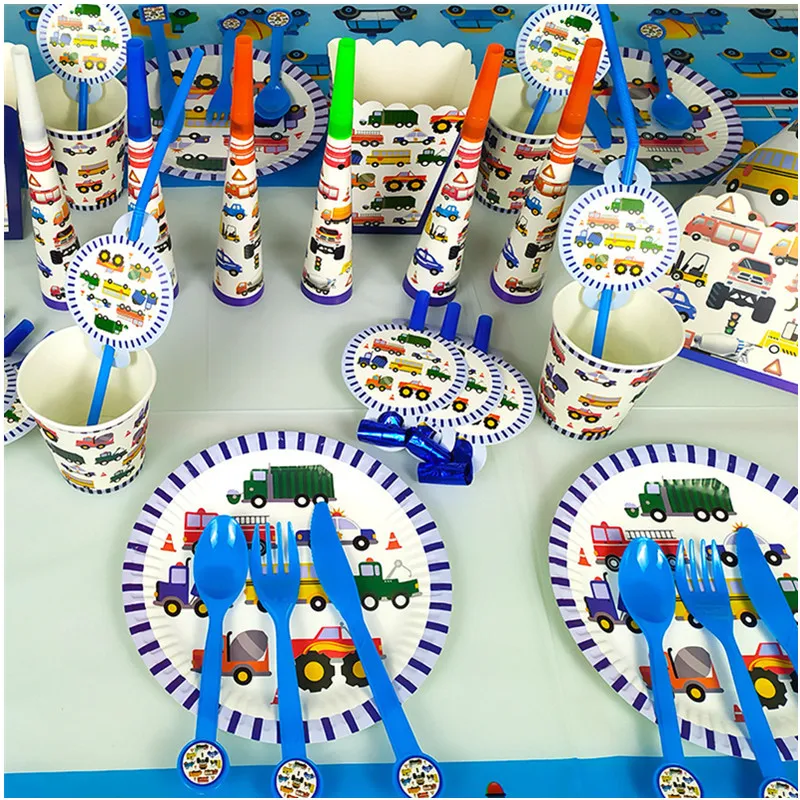 Kids Favors Construction Engineering Vehicles Theme Birthday Party  Plates Cups Flags Napkin Straws cup popcornbox Supplies