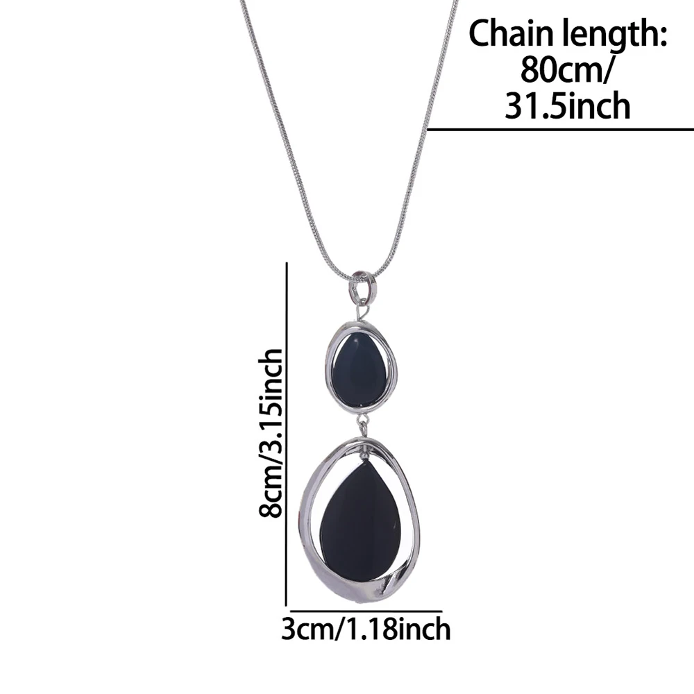 Fashion Silver Color Geometric Black Stone Pendant Necklace for Women Accessories Trendy Long Necklaces Daily Party Jewelry Gift