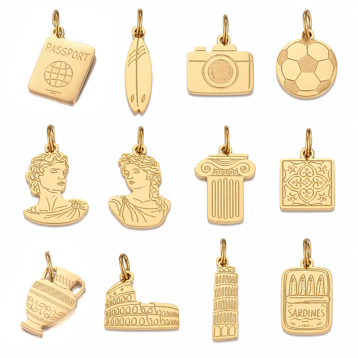 Image of 5 Stück Griechische Gebäude/Statuen/Römische Säulen Anhänger aus Edelstahl Kamera/Surfbrett/Reisepass Reiseanhänger DIY Halskette Schmuck Charm