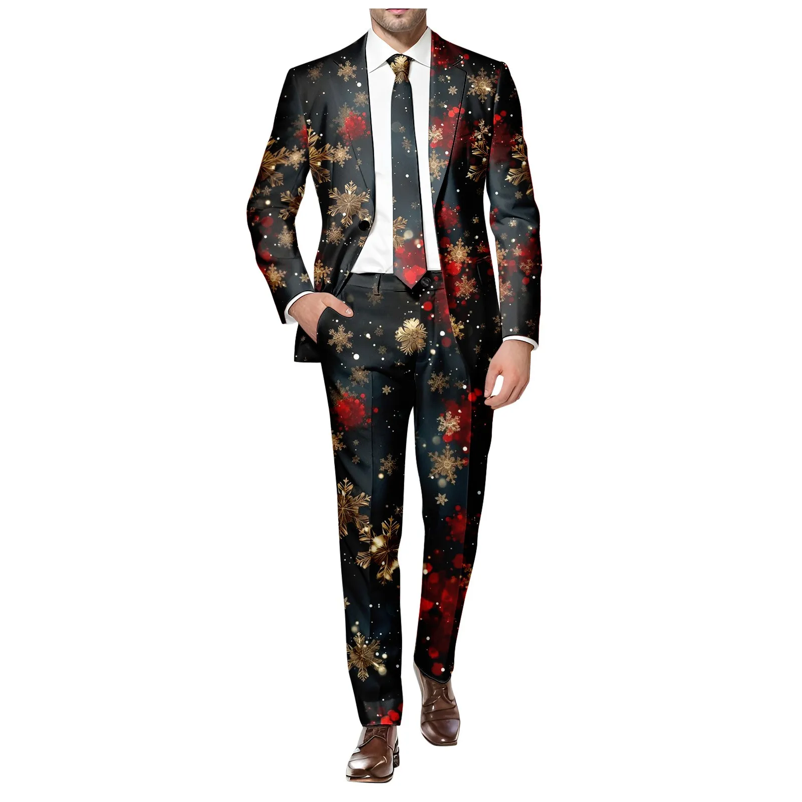 Casual Slim Fit Trendy Comfortable Business Two Piece Suits Christmas Snowflake Printed One Button Suit and Trousers Men