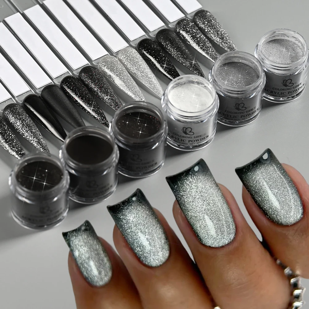 ผงอะคริลิคสำหรับมืออาชีพ 6 กระปุก สีดำ ขาว เทา กลิตเตอร์ ผงโพลิเมอร์สำหรับต่อเล็บแบบฝรั่งเศส/จุ่ม/แกะสลัก ผงคริสตัล