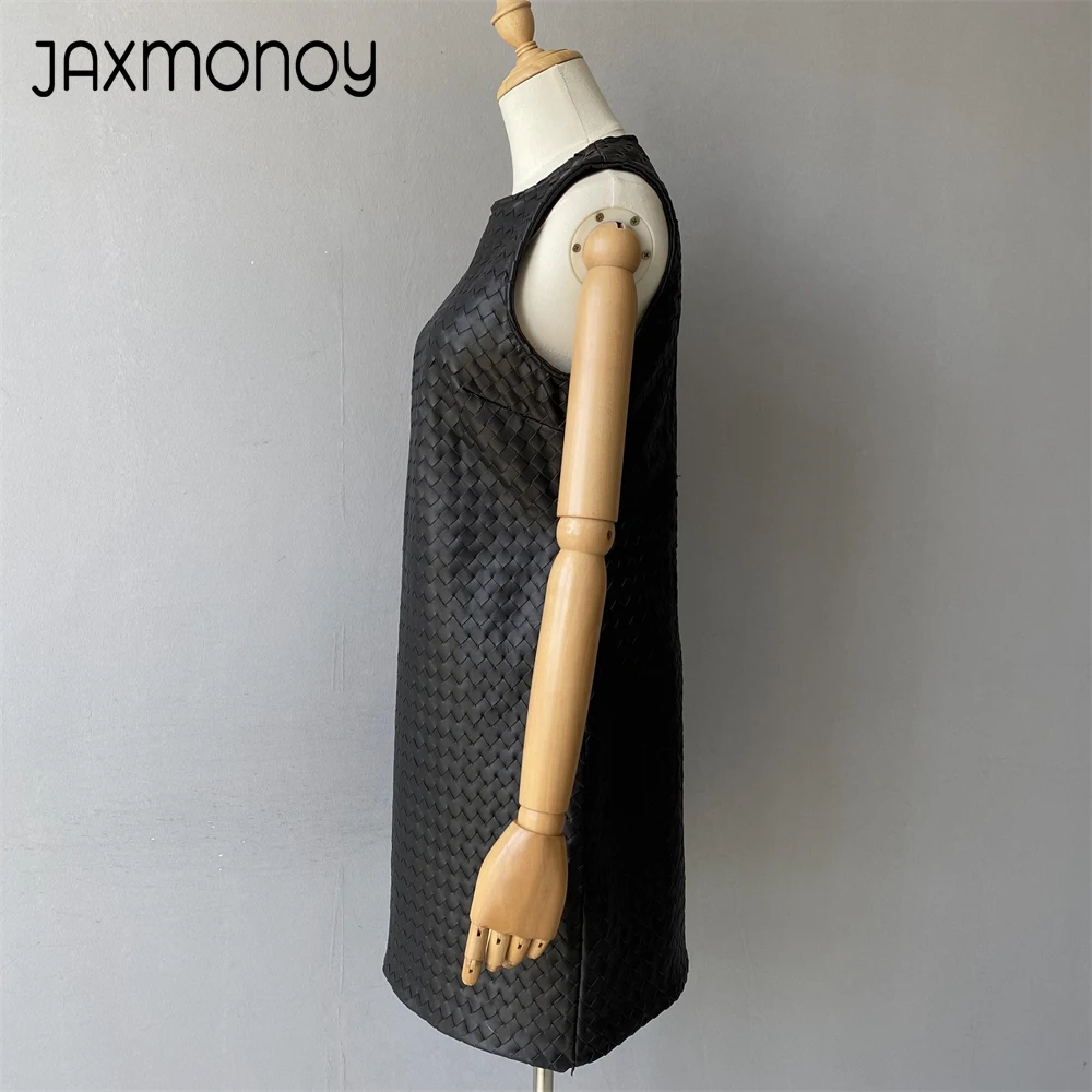 Jaxmonoy Women's Real Leather Dress Ladies Spring Fall Weave Sheepskin Sleeveless Dress Fashion Genuine Leather Vest New Arrival