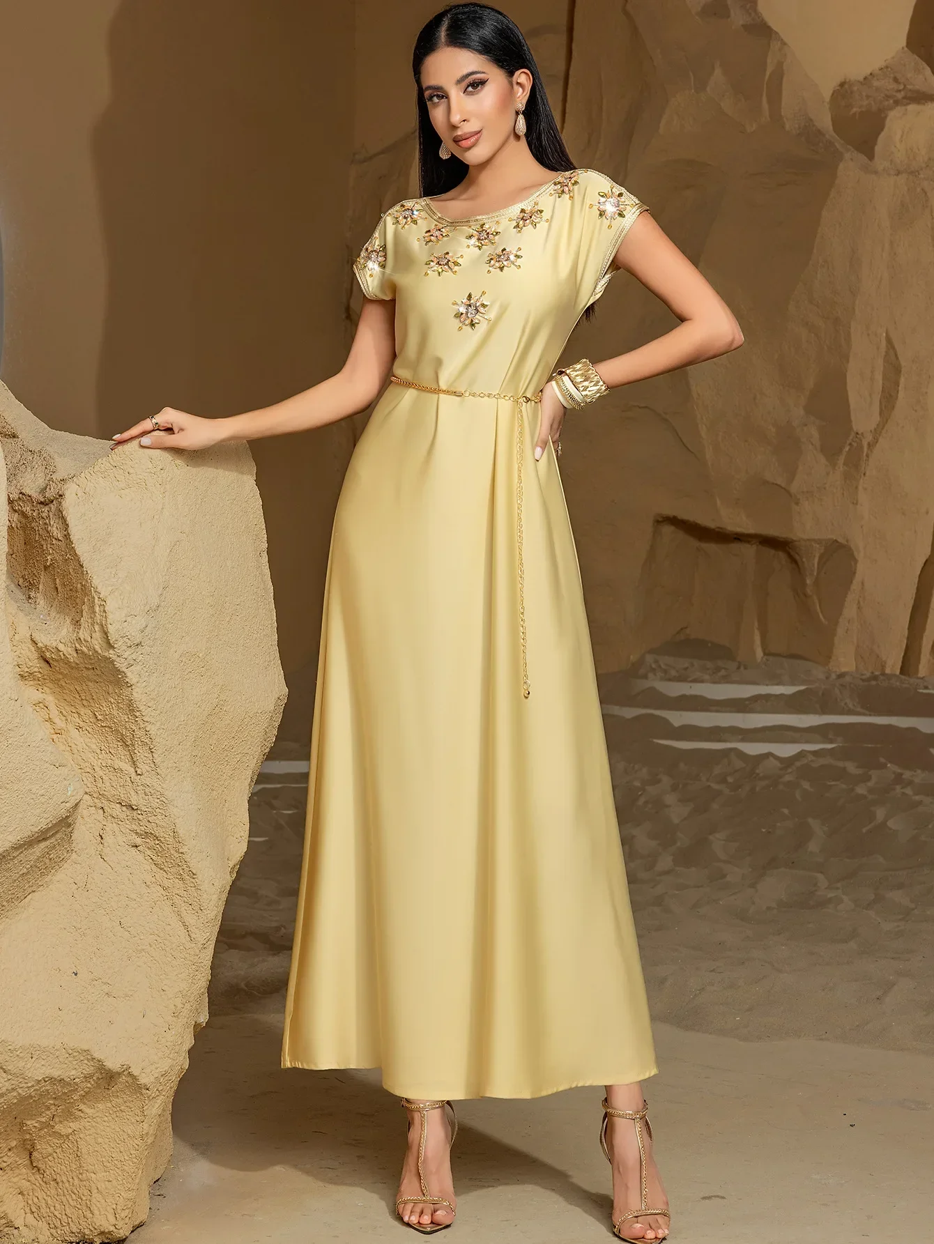 

Марокканское мусульманское платье-абайя для арабских женщин, длинное летнее платье с коротким рукавом, исламская джалабия, кафтан для Рамадана, вечернее платье с стразами, праздничное платье на Ид Мубарак