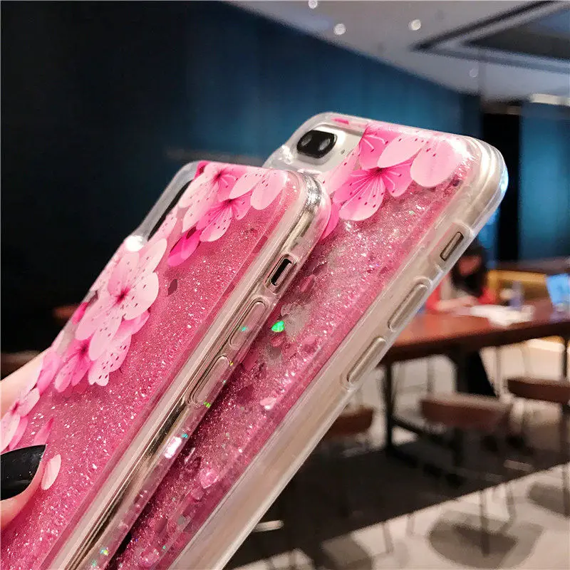 Glitter Liquid Pink Flower Case For iPhone 16 15 14 Plus 11 12 Mini 13 Pro Max X XS 7 8 Quicksand Dynamic Clear TPU Back Cover