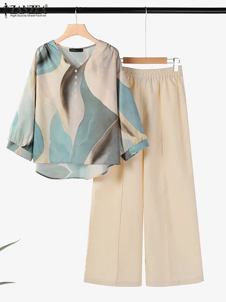 

ZANZEA Women's Pant Sets Elegant Floral Print V Neck Lantern Sleeve Blouse and Wide Leg Pant 2pcs Outfit Spring Causal Suits