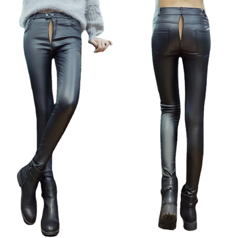 Sexy High Waist Leather Pants Women Invisible Open Crotch Pants Pu Pants Club Exotic Apparel Leggings Exotic Pants Outdoor Sex