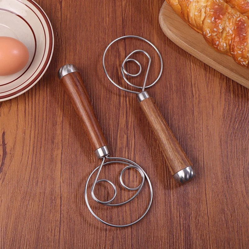 Danish Dough Whisk Wooden Handle Eggs Cream Mixing Rods Double Holes Flour Cake Stirrer Whisk Kitchen Baking Tools