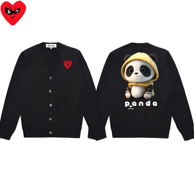 Panda with Hat Cartoon Printing Men Cardigan Cotton Red Cute Glasses Heart Embroidery V-Neck Single Breasted Autumn Fit Sweater