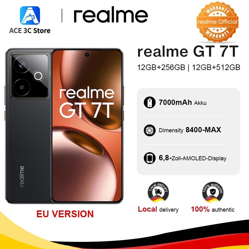 Versión europea del smartphone realme GT 7T 5G con IA, procesador MTK Dimensity 8400, pantalla AMOLED de 6,8 pulgadas, batería de 7000 mAh y carga de 120 W
