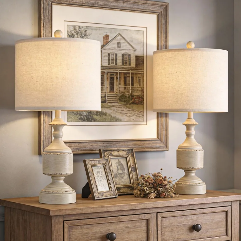 Antique White 20.5" Bedside Lamps Set, Vintage Farmhouse Entryway Lamps, Ideal Small Spaces Bedroom Lamps
