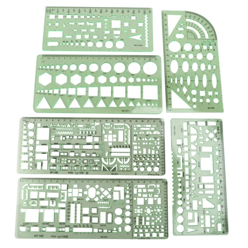 6 Pieces Plastic Measuring Templates Building Formwork Stencils Geometric Drawing Rulers For Office And School,Green