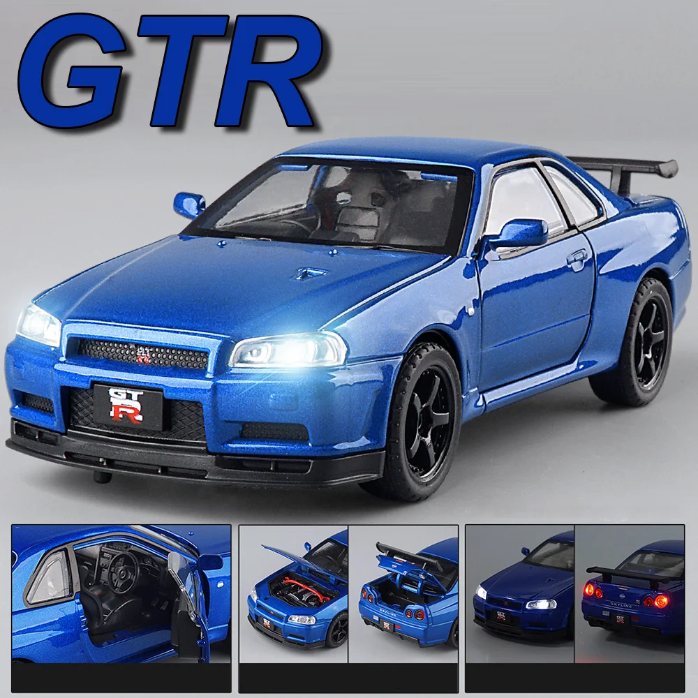 1:32 GTR R34 Skyline Model Car Diecast Alloy Toys with Sound Light Pull Back Doors Can Opened Miniature Sportscar Classic Gifts