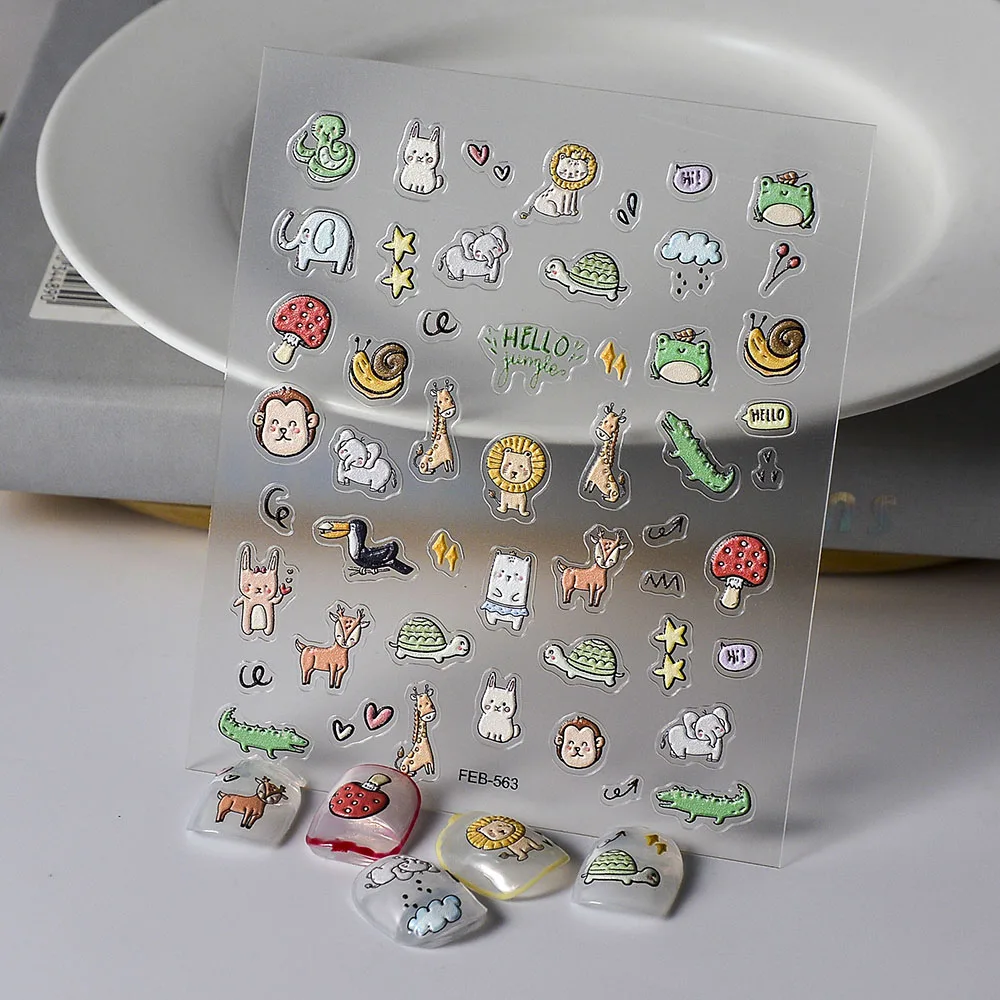 Cute Animal Nail Art Sticker 5d Embossed Frog Turtle Lion Monkey Nail Decals Decorations Manicure for Nail Stickers FEB-563