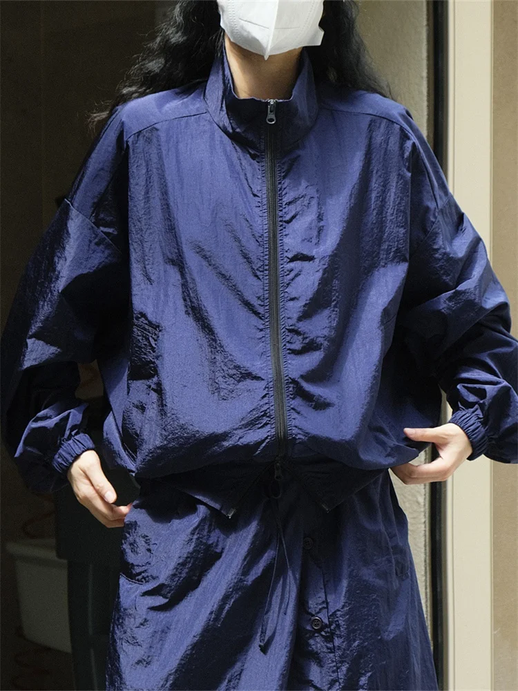 

HanOrange 2025 Spring Autumn Casual Sports Stand Collar Jacket Women Loose Outdoor Windproof Zipper Outwear Female Navy/yellow