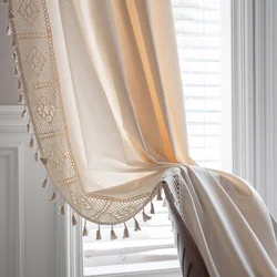 Boho linho Semi cortinas blackout, 1 Painel, Rod Pocket, Farmhouse Creme, Handmade Algodão, Serapilheira Costura, Lace Tassel Curtain, TJ9175