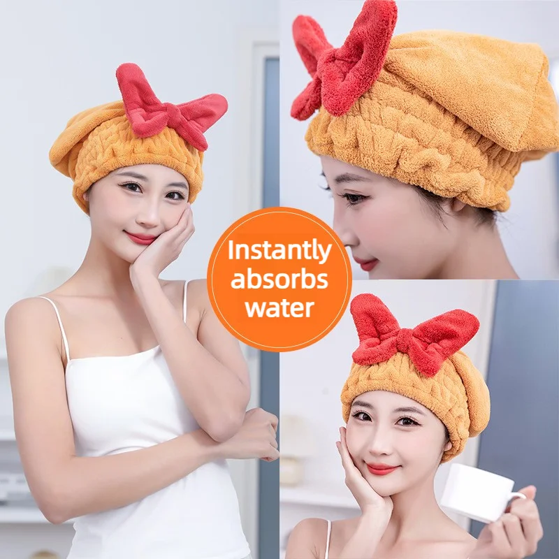 Bowknot Hair Drying Cap Thick Absorbent Quick Dry Non Shedding Towel Cap for Women Shower and Bath Hair Wrap