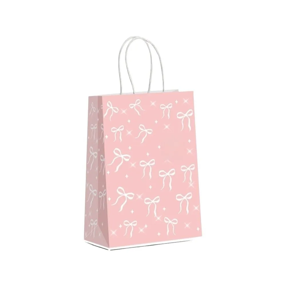 5PCS Sweet Pink Paper Gift Bags Handheld Design Paper Material Candy Tote Bag White Bow Bow Themed Party Paper Bag Anniversaries