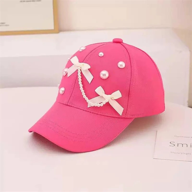 Pearl Pendant Bow Baseball Cap for Girl Duck Tongue Hat Long-Brim Kids Sun Hats Pink Purple Color Children Peaked Caps 2-9Year view 5