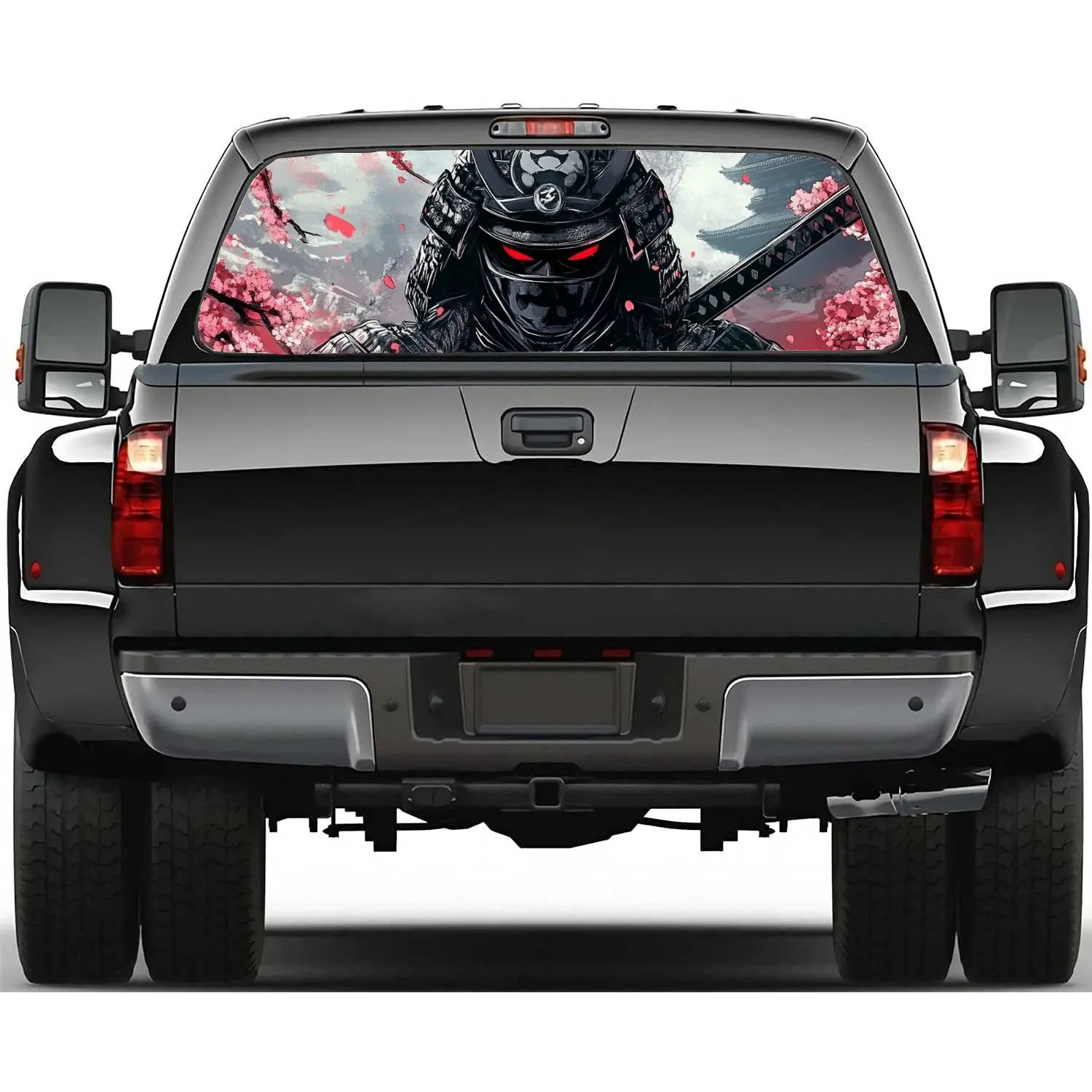 

Red Eyed Japanese Samurai Print Car Rear Windshield Sticker Truck Rear Window See Through Perforated Back Window Vinyl Decal