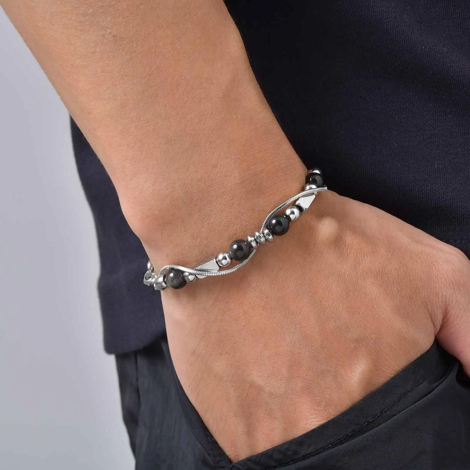 Vnox Naturstein-Perlenarmband für Herren, Edelstahl-Mehrschichtkette, Tigerauge, Obsidian, verstellbarer Armschmuck, Geschenk – Detail 9