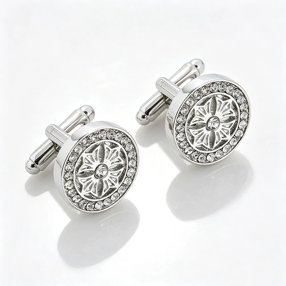 Klassische Manschettenknöpfe mit Blumengravur für Herren Luxuriöse Funkelnde Strass-Dekorative Runde Manschettenknöpfe Formeller Schmuck – Detail 9