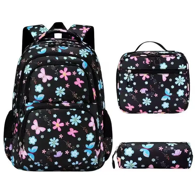 3-Piece Kids School Bag Set Butterfly Flower Print Water Resistant Lightweight Backpack With Insulated Lunch Bag Pencil Case view 5
