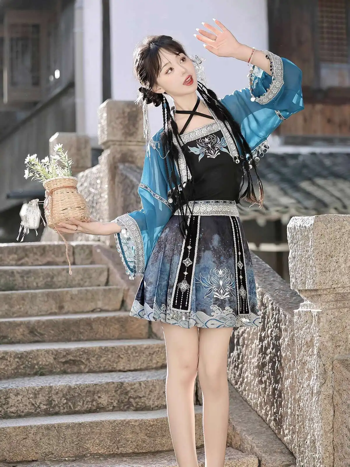 أزياء مياو النسائية ذات الطراز العرقي التنكري تنورة قصيرة Hanfu-Influence الانصهار الثقافي الصيني موضة للإناث #6