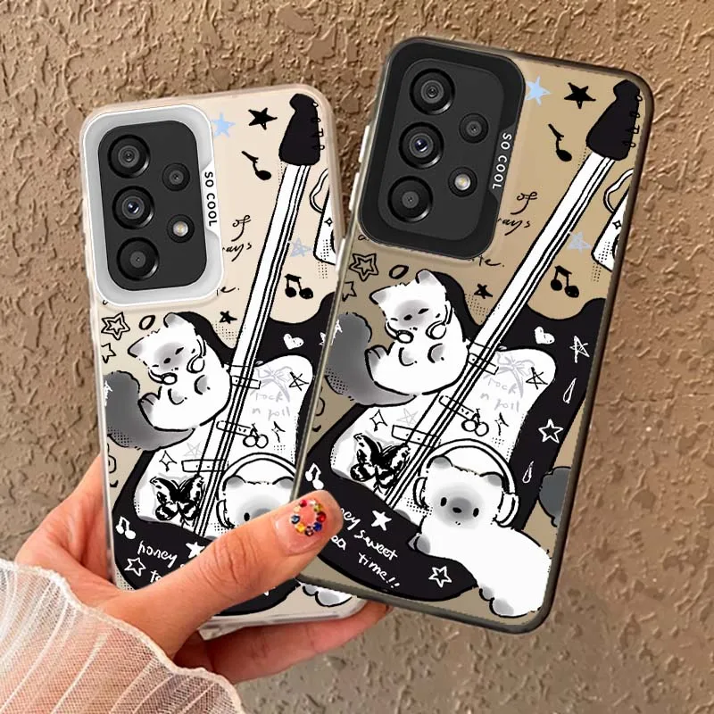 Art Cats and Guitars For Samsung Galaxy A73 A72 A71 A56 A55 A54 A53 A52 A52S A51 A36 A35 M11 Colored Silver Phone Case