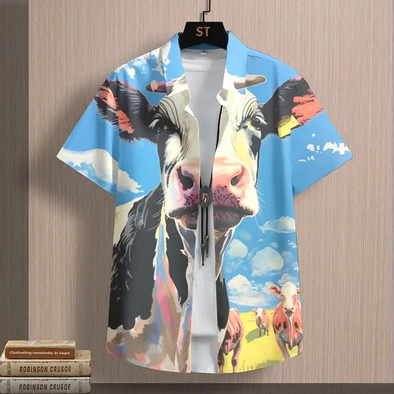 Kawaii Unisex Shirt Anime Cow Pattern Shirts For Men Summer Casual Short Sleeved Tops Oversized T-Shirt Button Up Collar Blouse