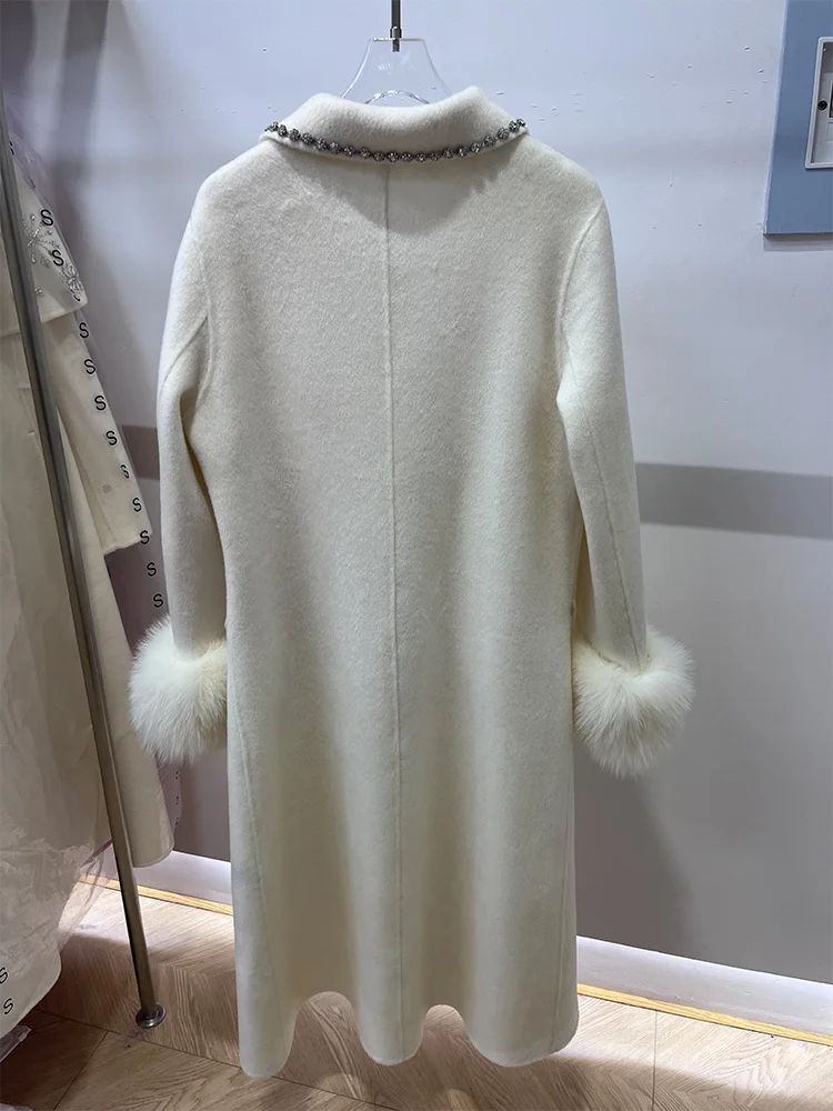2025 Winter Jacket Women Natural Fox Fur Collar Cuffs Cashmere Wool Woolen Ladies Cusual Outerwear Streetwear