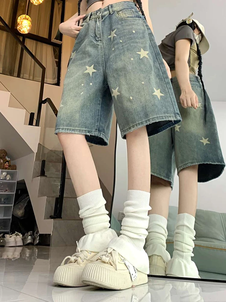 Women High Waist American Retro Washed Wide Leg Jeans Girls Street Do Old Star Loose Denim Pants Female Blue Knee Length Shorts